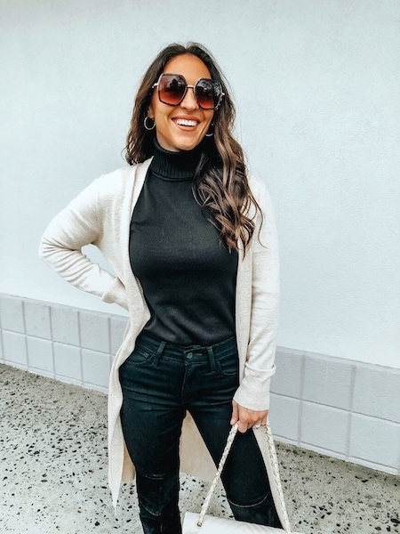 how to look expensive on a budget - affordable cream cardigan, black turtleneck