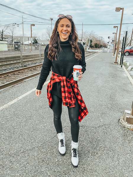 combat boots outfit idea - black leggings, combat boots, oversized sweater, flannel shirt